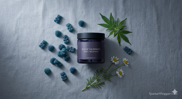 FOCL Sleep Gummies jar with hemp and melatonin label on cool grey linen surface with blue raspberry gummies and hemp leaves.