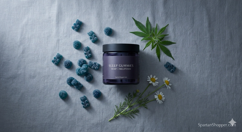 FOCL Sleep Gummies jar with hemp and melatonin label on cool grey linen surface with blue raspberry gummies and hemp leaves.