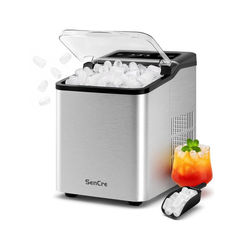 SenCre stainless steel countertop bullet ice maker with scoop and basket.