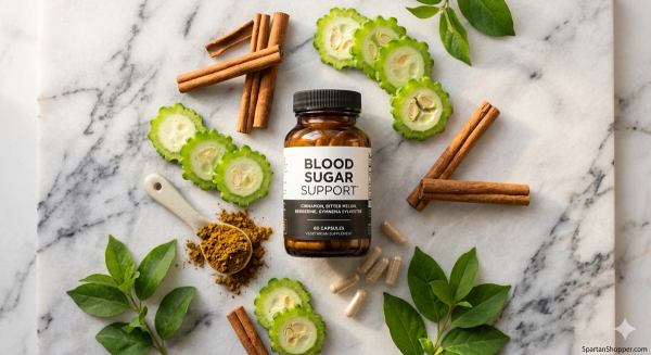 Blood sugar support supplements with cinnamon, berberine root, and gymnema sylvestre leaves flat lay on white marble surface.