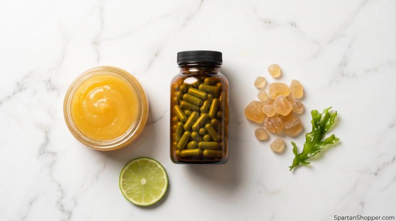 Sea moss supplement forms gel capsules and gummies on a white marble surface