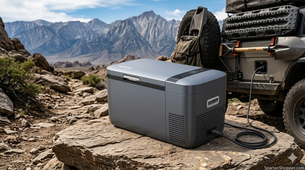 ICECO GO20 portable refrigerator on rocky overlanding trail connected to 4x4 vehicle — dual zone 12V car fridge review