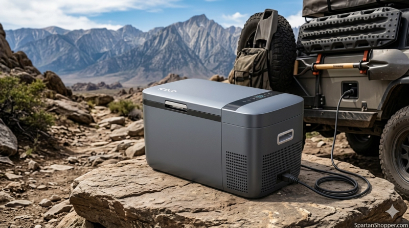 ICECO GO20 portable refrigerator on rocky overlanding trail connected to 4x4 vehicle — dual zone 12V car fridge review