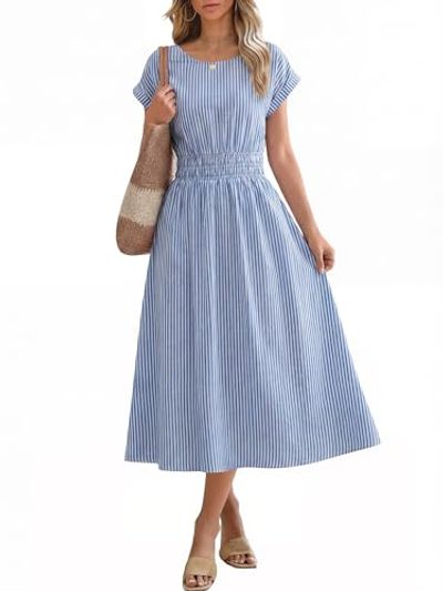 ANRABESS Women's Striped Short-Sleeve Midi Dress