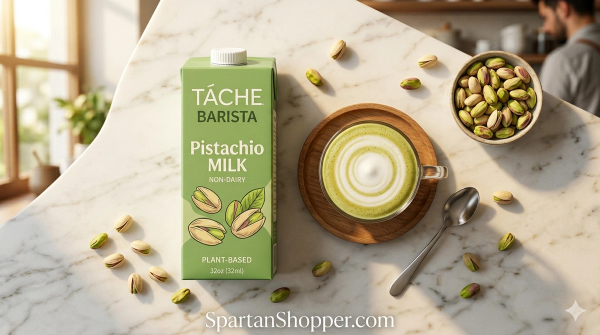 Táche Barista Pistachio Milk carton with pistachio latte on marble surface — SpartanShopper review 2026