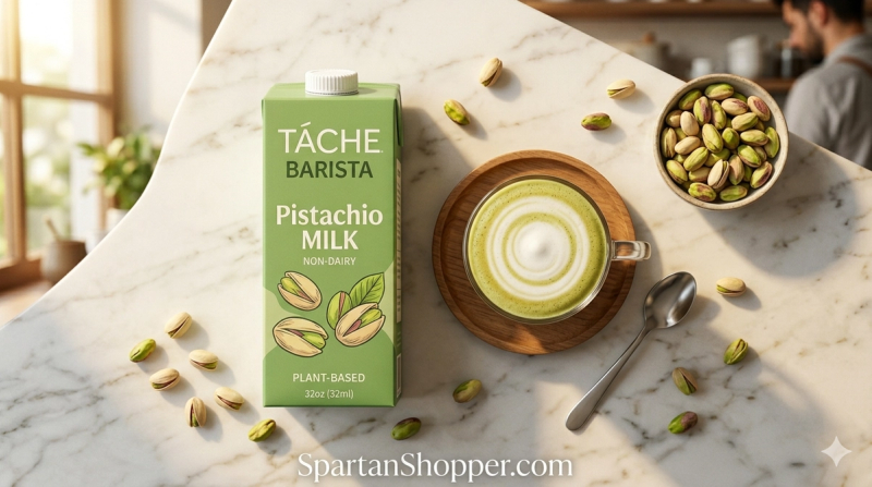 Táche Barista Pistachio Milk carton with pistachio latte on marble surface — SpartanShopper review 2026