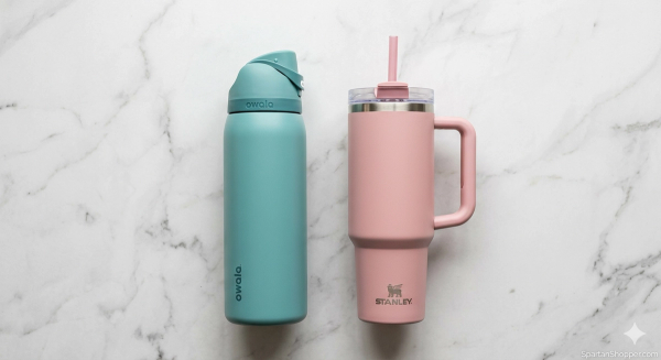 Owala FreeSip and Stanley Quencher water bottles side by side comparison on white marble