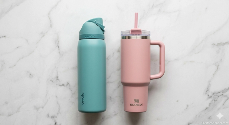 Owala FreeSip and Stanley Quencher water bottles side by side comparison on white marble