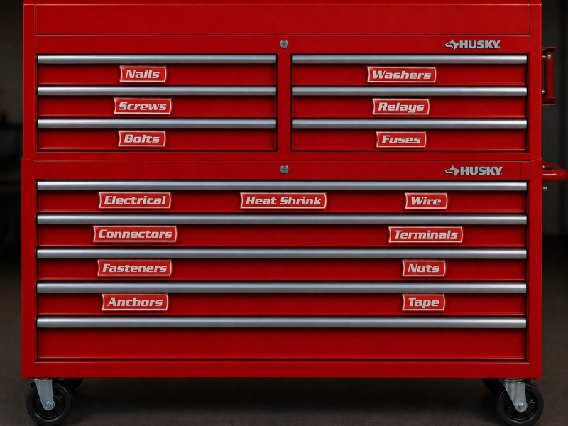 VoltariTek red magnetic toolbox labels for electrical and fasteners on a Husky rolling tool chest