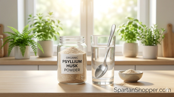 Organic psyllium husk powder in a glass jar next to a glass of water on a kitchen counter