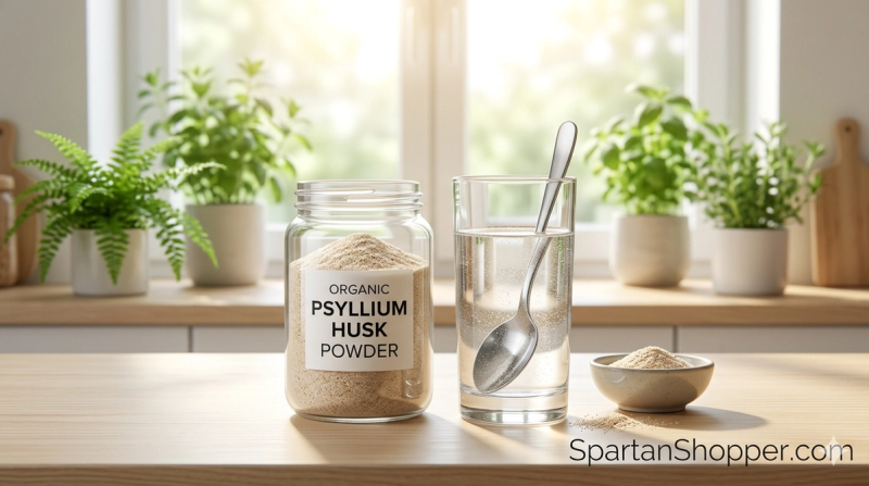 Organic psyllium husk powder in a glass jar next to a glass of water on a kitchen counter