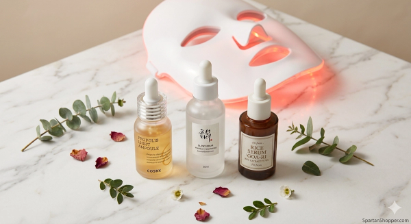 PDRN salmon DNA serums arranged on marble surface alongside LED face mask — at-home red light therapy pairing guide 2026