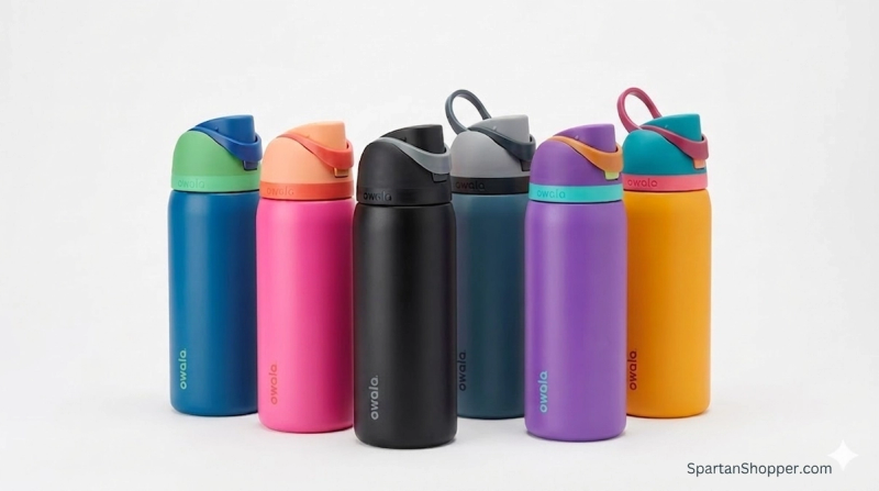 Owala FreeSip insulated stainless steel water bottles in multiple colors including blue, pink, black, teal, purple and orange