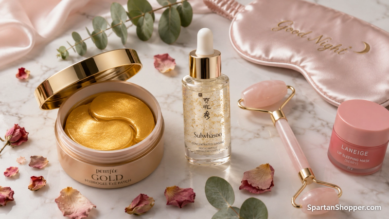 Korean hydrogel under-eye patches, gold foil eye masks, and skincare serums arranged in a flat lay on a white marble surface.