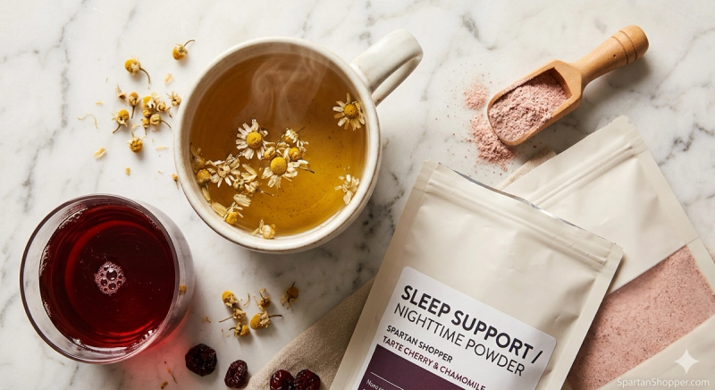 Best sleep drinks of 2026 — chamomile tea, tart cherry juice, and magnesium sleep powder on white marble