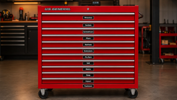 VoltariTek black magnetic toolbox labels on a red Harbor Freight US General rolling tool chest — every drawer organized and labeled in a professional garage