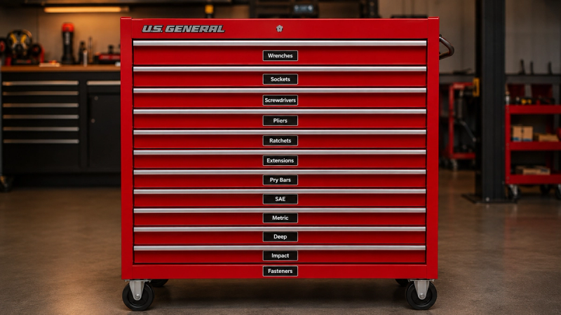 VoltariTek black magnetic toolbox labels on a red Harbor Freight US General rolling tool chest — every drawer organized and labeled in a professional garage