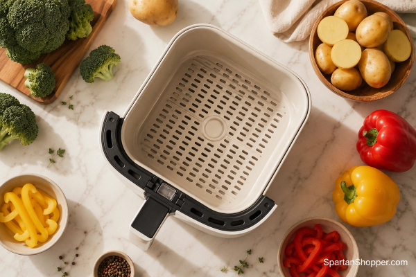 Ceramic-coated air fryer basket surrounded by fresh vegetables on a marble counter