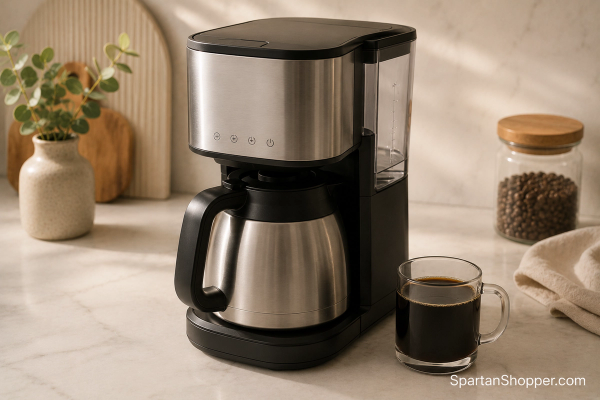 Coffee maker with stainless steel carafe and water reservoir, illustrating the materials question behind plastic-free coffee maker searches
