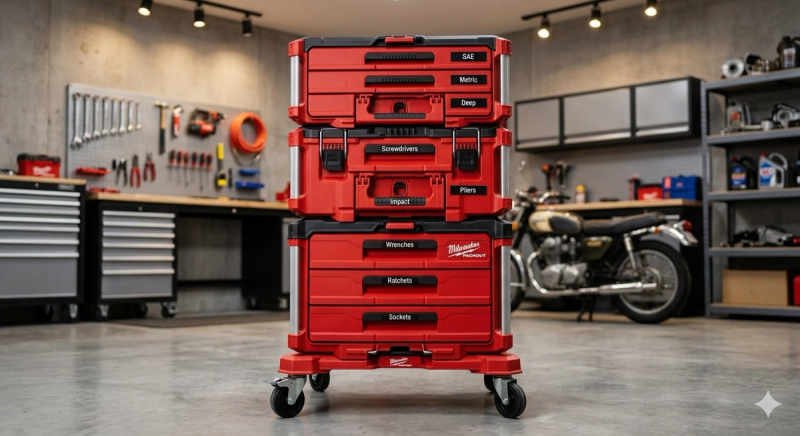 VoltariTek black magnetic labels on a Milwaukee Packout modular tool storage system — stacked drawer units organized and labeled in a professional garage