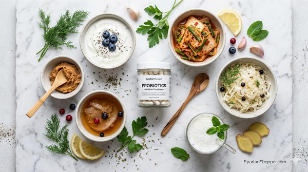 Probiotic-rich foods including yogurt, kimchi, sauerkraut, kefir, and miso alongside a probiotic supplement bottle on a white marble surface