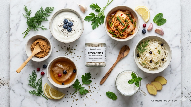 Probiotic-rich foods including yogurt, kimchi, sauerkraut, kefir, and miso alongside a probiotic supplement bottle on a white marble surface
