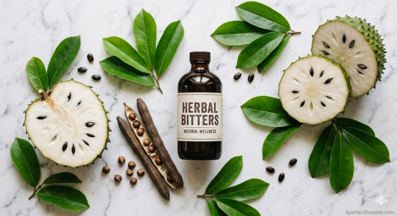 Soursop bitters benefits 2026 — dark amber herbal bitters bottle with fresh soursop fruit and moringa leaves flat lay on white marble
