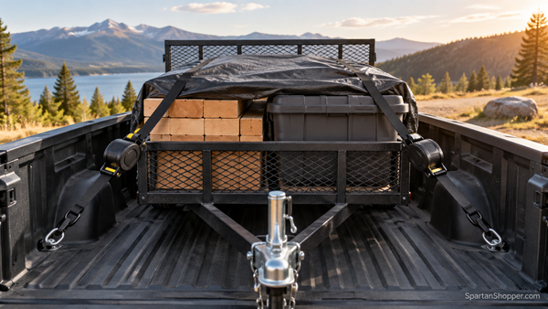Retractable ratchet straps secured along a pickup-truck cargo rail.