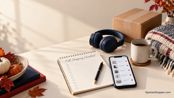 Fall shopping checklist beside headphones, a shipping box, a mug, and a phone with a generic saved-items list.