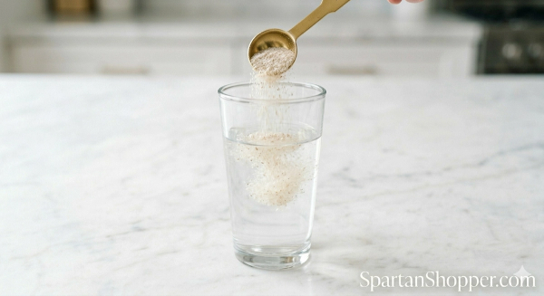 A measured teaspoon of psyllium husk powder being added to a glass of water on a white marble countertop