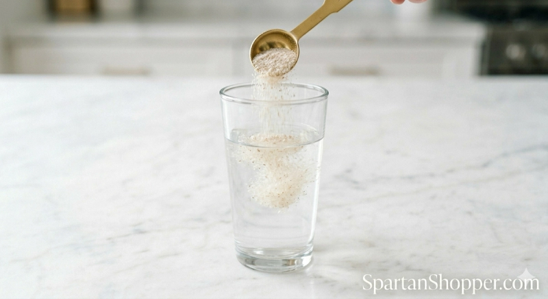 A measured teaspoon of psyllium husk powder being added to a glass of water on a white marble countertop