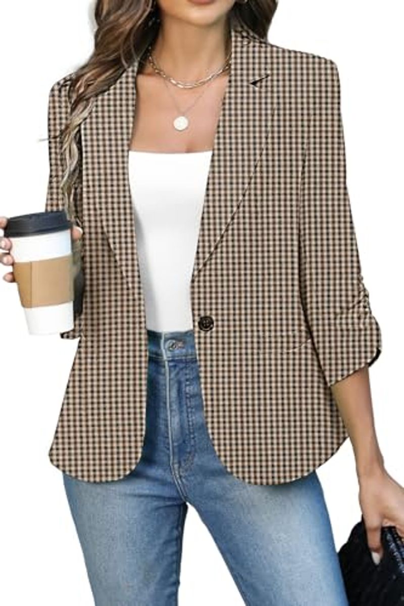 ELLEVEN Women's Ruched 3/4 Sleeve Crop Blazer