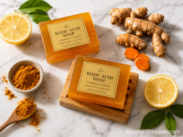 Kojic acid and turmeric soap bars with turmeric root flat lay on white marble