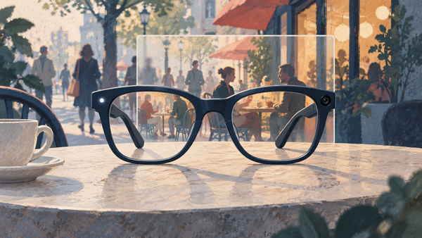 Conceptual illustration of camera-equipped glasses on a cafe table
