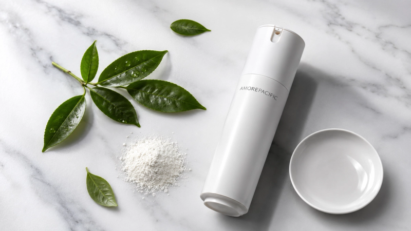 AMOREPACIFIC Treatment Enzyme Peel Cleansing Powder bottle on white marble with green tea leaves and scattered powder.