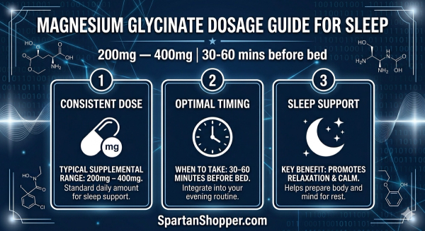 Magnesium glycinate dosage guide for sleep — 200mg to 400mg taken 30 to 60 minutes before bed