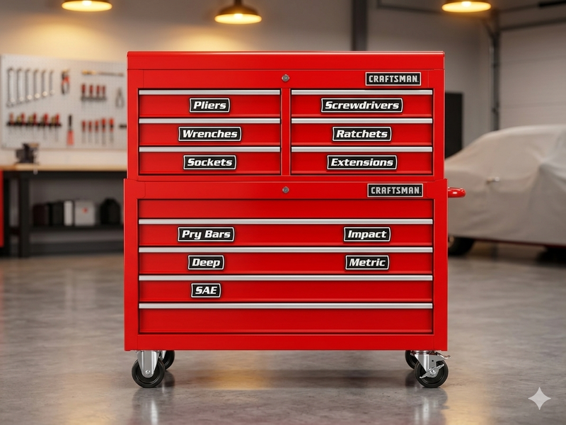VoltariTek black magnetic toolbox labels on a red Craftsman rolling tool chest — every drawer organized and labeled in a professional garage