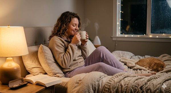Woman enjoying a warm bedtime cocoa drink in bed — Brainoa Sleep Cocoa review