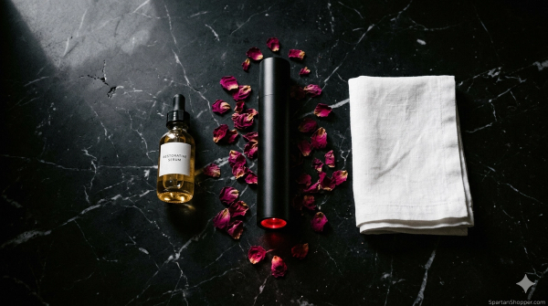 LYMA Laser PRO cold laser device with restorative serum and rose petals on black marble surface.