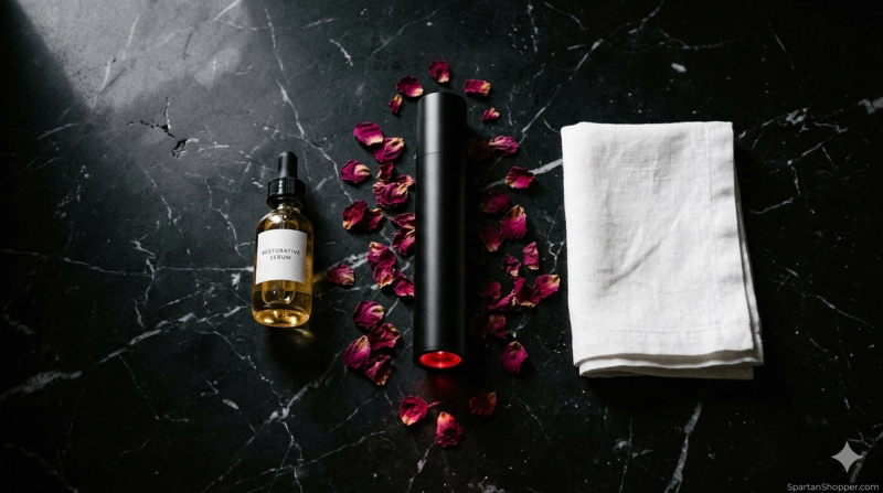 LYMA Laser PRO cold laser device with restorative serum and rose petals on black marble surface
