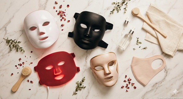 FDA-cleared LED face masks for wrinkles flat lay on marble surface — top at-home red light therapy devices 2026