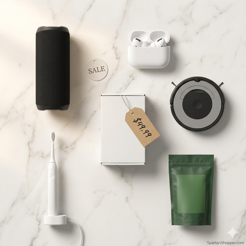 Flat lay of speaker, earbuds, doorbell box, robot vacuum, toothbrush, and supplement pouch on marble, representing Amazon deals roundup