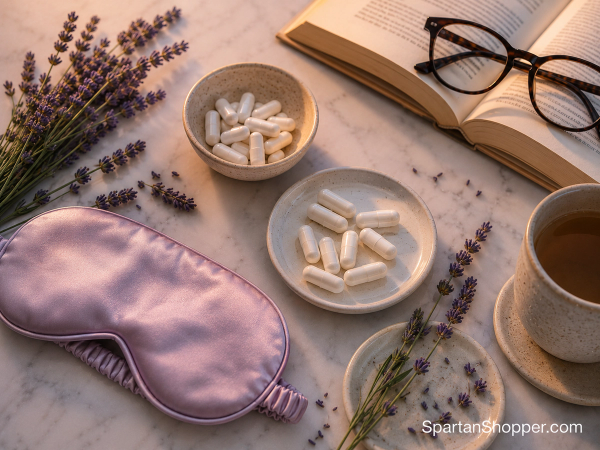 Two dishes of magnesium capsules with lavender and sleep mask flat lay on white marble