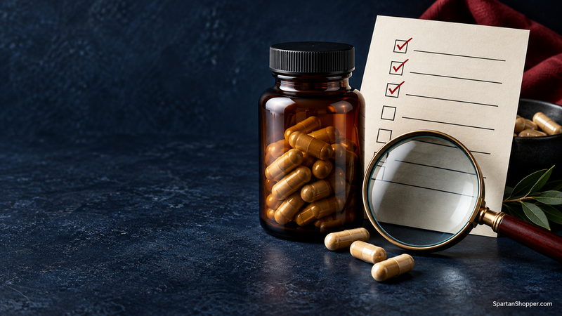 Unbranded amber supplement bottle beside a checklist and magnifying glass on a navy surface.