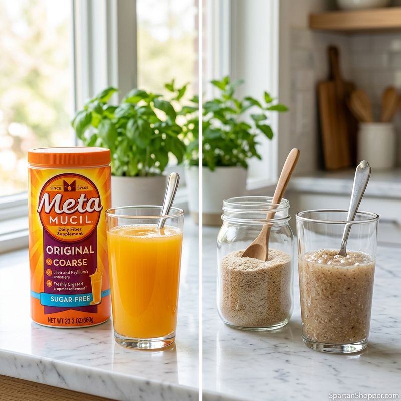 Metamucil orange fiber supplement powder next to a glass of psyllium husk powder on a marble countertop