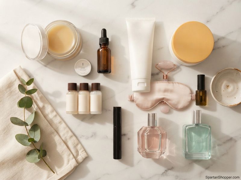 Luxury beauty products worth the money: cleansing balm, facial oil, mascara, perfume bottles and body cream on white marble