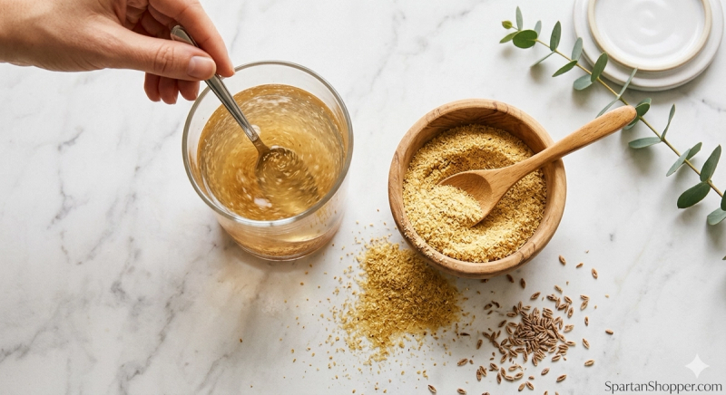 Psyllium husk powder in a wooden bowl next to a glass of water being stirred on a marble surface