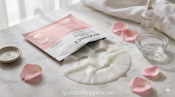 BIODANCE Bio-Collagen Real Deep Mask hydrogel sheet mask out of packaging on marble surface with rose petals — SpartanShopper review 2026
