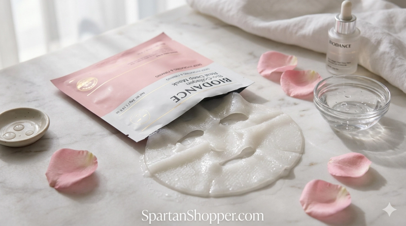 BIODANCE Bio-Collagen Real Deep Mask hydrogel sheet mask out of packaging on marble surface with rose petals — SpartanShopper review 2026