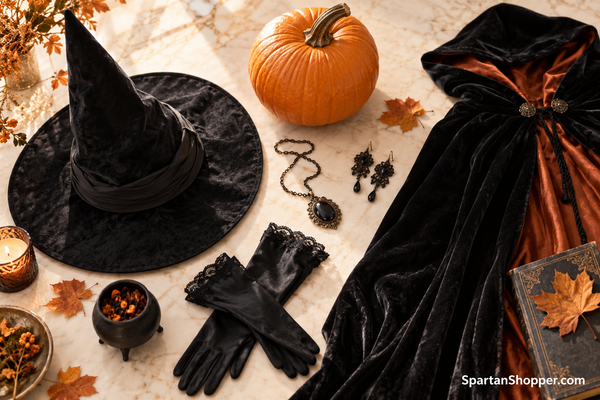 Witch hat, velvet cape, gloves and pumpkin arranged as Halloween costume accessories.